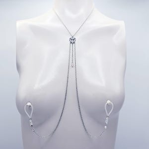 Sexy Necklace to Nipple with Heart Pendant and Pink Crystals with Nipple Chains. Your choice of attachment. Nooses, Clamps, or Other. MATURE