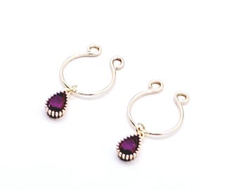 Gold Nipple Rings, Not Pierced, with 18K Gold and Fuscia Gemstone Pendants, MATURE Body Jewelry