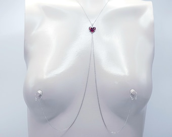 Heart Necklace to Nipple. Platinum and CZ. Multiple Nipple Attachment Options. MATURE Body Jewelry