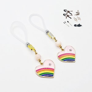 Non-Piercing Nipple Noose Dangles or Nipple Clamps with Rose Quartz and Rainbow Hearts. MATURE Jewelry
