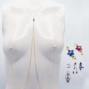 Gold Necklace to Nipple 18K with CZ Flower, Pierced or Not Pierced Nipple, or Choose Nipple Clamps. MATURE
