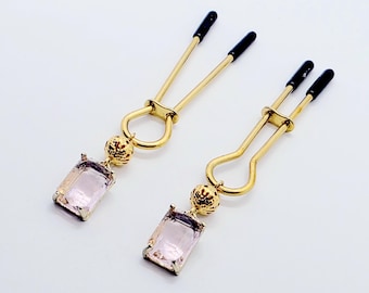 Gold Nipple Clamps with Pink Gem. MATURE Body Jewelry