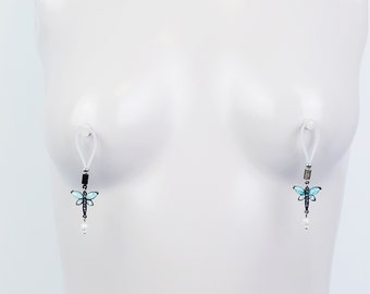 Dragonfly Nipple Dangles on Non Piercing Nipple Nooses or Your Choice of Nipple Clamps. MATURE