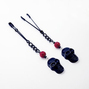 Black Tweezer Clamps with Skulls. Gothic Nipple Clamps. MATURE