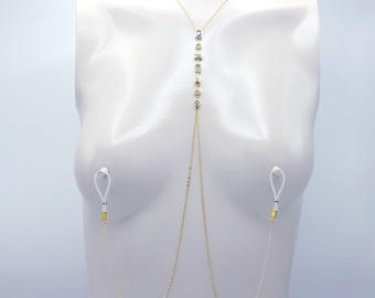Gold Necklace to Nipple with Colorful Gemstone Pendants and Your Choice of Attachment. MATURE