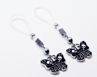 Gothic Nipple Jewelry, Non-Piercing. Skull Butterflies with Nipple Nooses or Your Choice of Nipple Clamps. MATURE