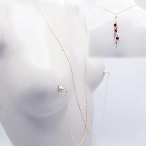 Fake Piercing Nipple Chain Necklace with Red Roses Back Drop. 18K Gold. Your Choice of Nipple Attachment.