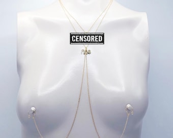 Gold Necklace to Nipple with Sparkling "Fuck Me" Pendants and Your Choice of Nipple Attachment. Non-Piercing, or use with Piercings. MATURE