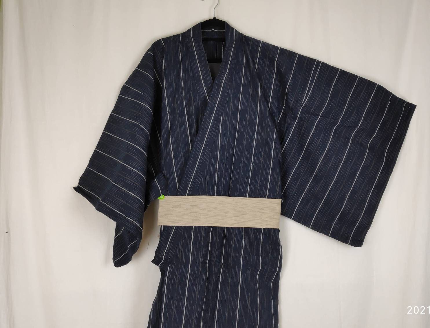 Made in Japan Japanese Men's Cotton 59"L Yukata Kimono DARUMA Calligraphy Navy 