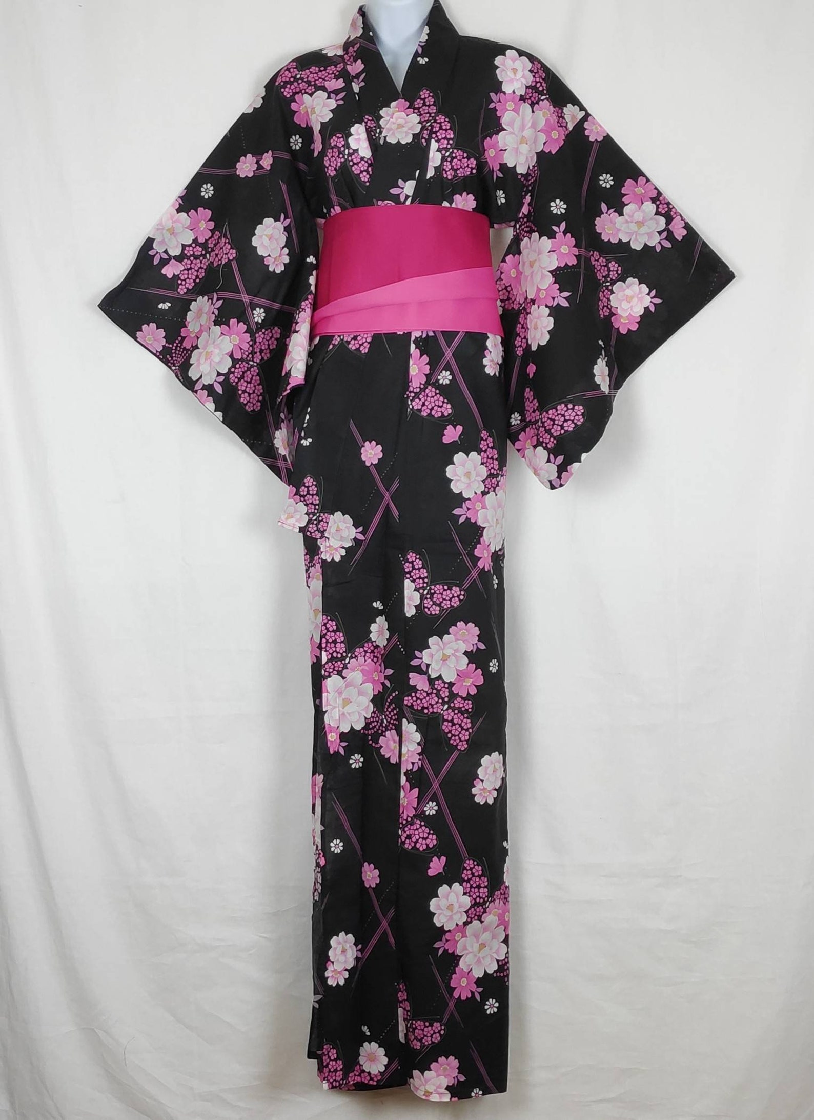 Womens Yukata Black with pink cherry blossoms and butterflies Etsy