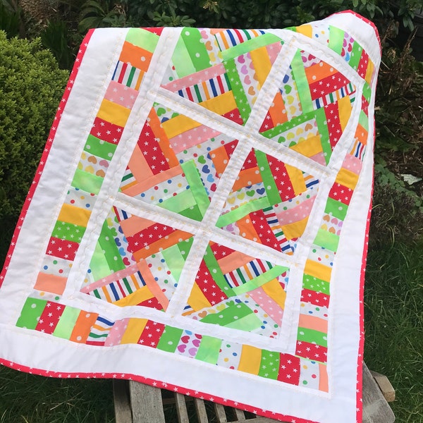 Handmade baby quilt, red, green and yellow patchwork baby quilt, child's patchwork quilt, boy or girl baby cot cover