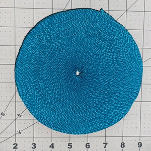 May include: A roll of teal blue webbing with a white stripe. The webbing is rolled into a circle and is about 7 inches in diameter.