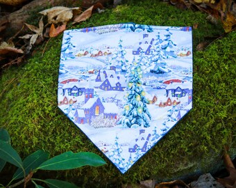 Snowy Village Dog Bandana with tree, snow, cottage, town, and winter designs