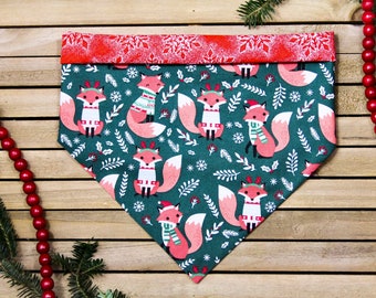 Winter Fox Dog Bandana with foxes, snowflake, and holly designs