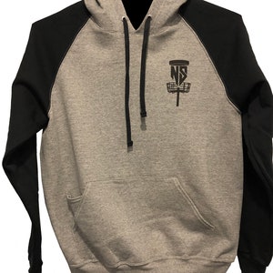 May include: A gray and black hooded sweatshirt with a black disc golf basket and the letters "NS" on the front.