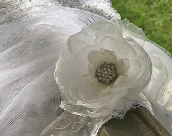 Ivory Gauze Organza Crystal Flower Brooch (pin)