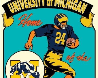 May include: A vintage-style poster for the University of Michigan Wolverines football team. The poster features a cartoon illustration of a football player running with the ball, wearing a blue and yellow uniform. The poster also features the team's mascot, a wolverine, and the text "Home of the Wolverines".