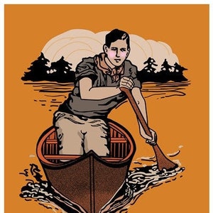 May include: A vintage-style poster featuring a man in a canoe paddling on a river. The poster has an orange background and the text "Canoe the Ausable" in black lettering.