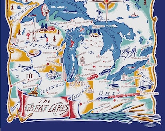 Vintage style Great Lakes Map 16’” x 16”