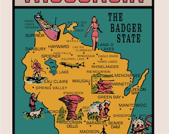 Wisconsin the Badger State 11” x 14” retro look poster