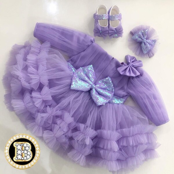 Purple Sequins Tulle Knee-length Baby Girl Dress