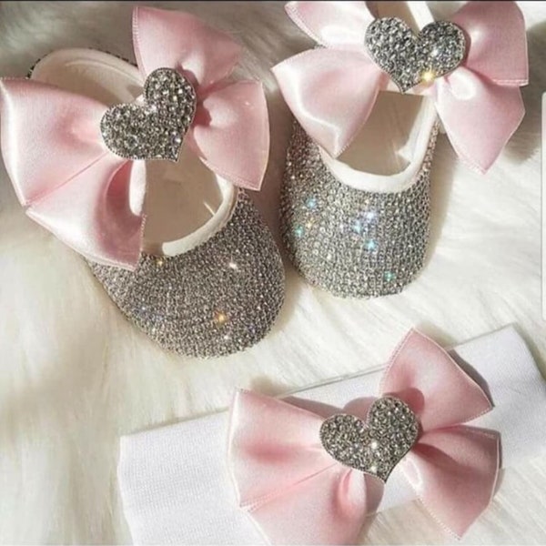 Handmade Swarovski Rhinestone Crystals Cute Bling Baby Shoes and Headband Gift Set