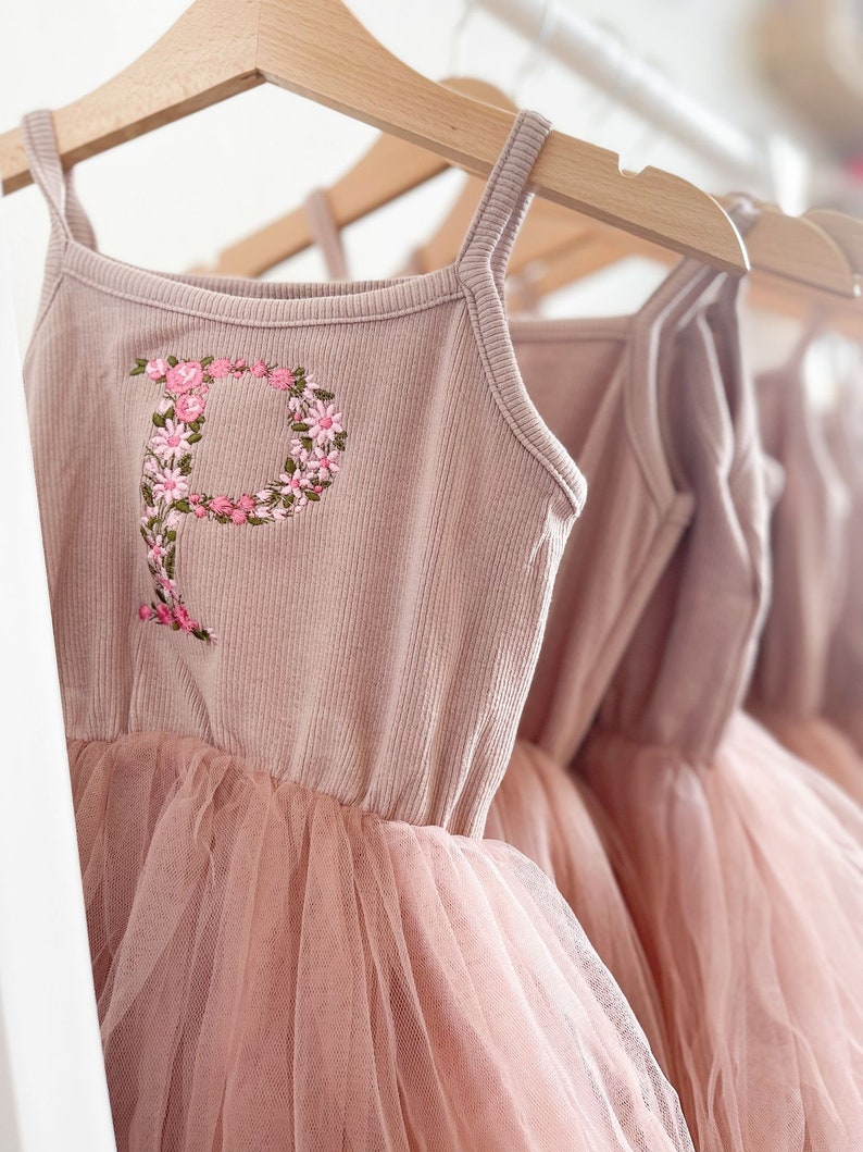 Personalised Embroidered Floral Initial Tutu Dress - Ballerina, Princess, Flower Girl Dress, Birthday Outfit afbeelding 2