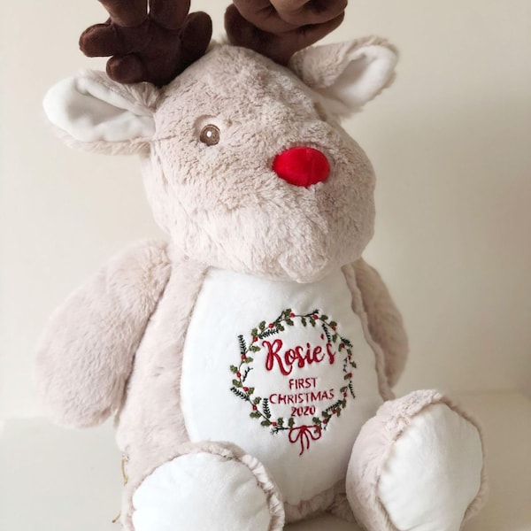 Personalised Embroidered Christmas Soft Toy - Reindeer, Penguin, Snowman -  Baby's first Christmas