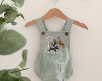 Personalised Embroidered Safari Birthday Romper - Baby, Birthday, Jungle, Zebra, Giraffe, Name, Gift Idea, Birthday Outfit, Cake Smash