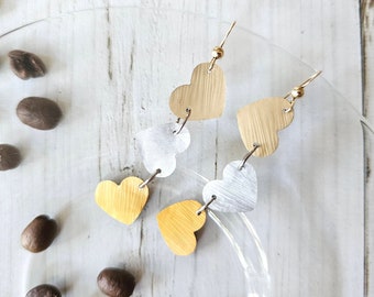 Eco friendly statement gold and silver toned hearts drop dangle earrings, Dainty & romantic gift for her, Handmade sustainable jewelry.