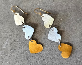 Gold & Silver toned trio hearts drop dangle earrings, Dainty romantic statement earrings gift for her, Handmade sustainable jewelry.