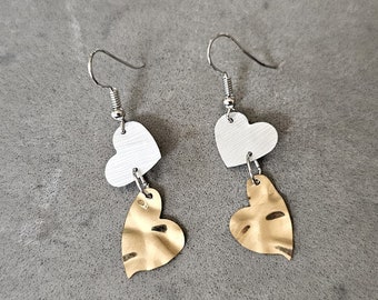 Silver & gold drop earrings, Hearts statement dangle earrings, Eco friendly Handmade gift, Valentines dainty earrings, Sustainable jewelry.