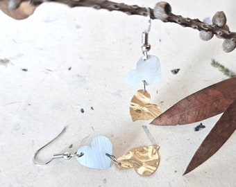 Hearts statement dangle earrings,  Valentines dainty earrings, Silver & gold drop earrings, Eco friendly Handmade gift, Sustainable jewelry.