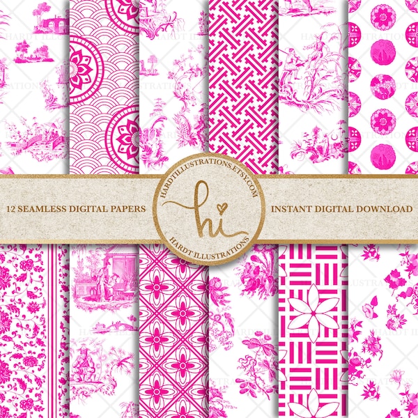 Hot Pink Chinoiserie Digital Paper, Vintage Chinoiserie Toile Prints, Pink China Digital Paper, Printable Scrapbook Paper, Seamless Patterns