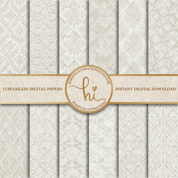 Ivory & Cream Damask Digital Paper, Vintage Damask Background, Neutral Wedding Texture, Printable Tan Damask Fabric, Floral Seamless Pattern