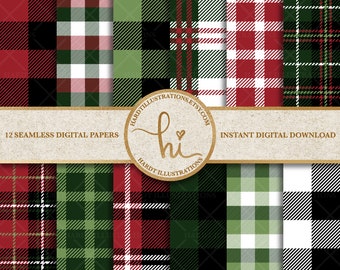 Christmas Buffalo Plaid Digital Paper, Tartan Plaid, Buffalo Check Design, Checked Holiday Plaid, Lumberjack Plaid, Red Checkered Background