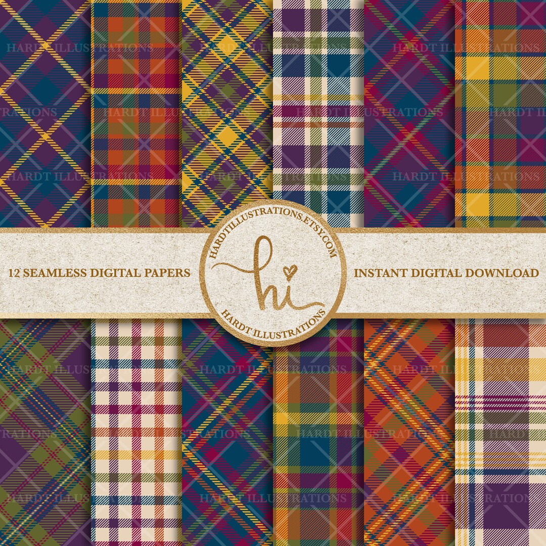 Jewel Tone Plaid Digital Paper, Autumn Checkered Design, Rainbow Plaid