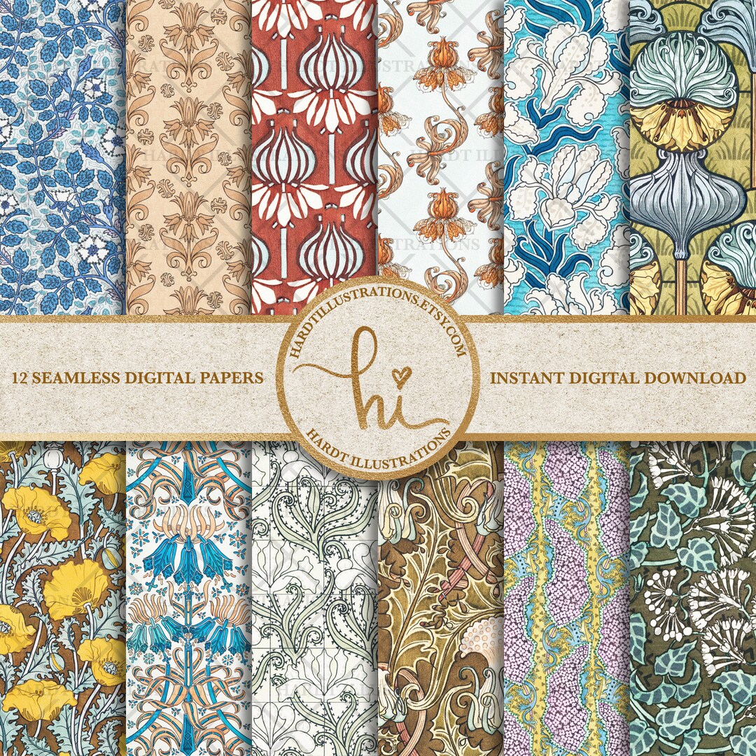 Art Nouveau Flowers Digital Paper Set 5 Plants Digital Paper - Etsy