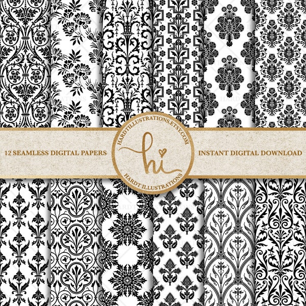 Black & White Damask Digital Paper, Vintage Damask Background, Victorian Digital Paper, Printable Damask Fabric, Floral Seamless Pattern