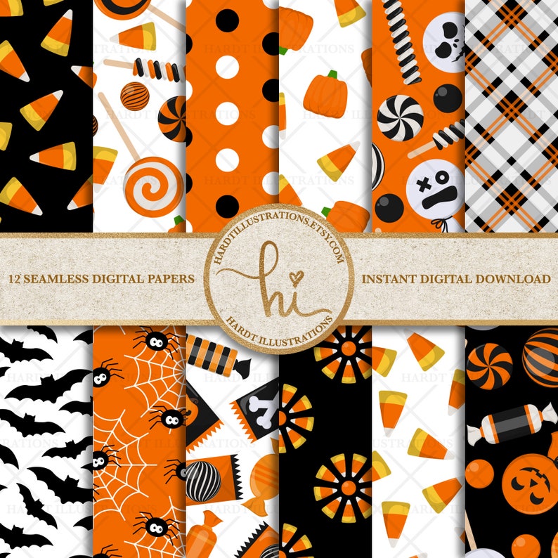 Halloween Digital Paper, Halloween Candy, Halloween Clipart, Scrapbook Paper, Halloween Printable, Orange Black Papers, Trick or Treat Party image 7