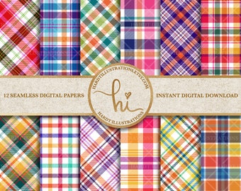 Madras Plaid Digital Paper, Bright Plaid Digital Paper, Rainbow Stripe Check Design, Tartan Fabric Digital Paper, Colorful Summer Background
