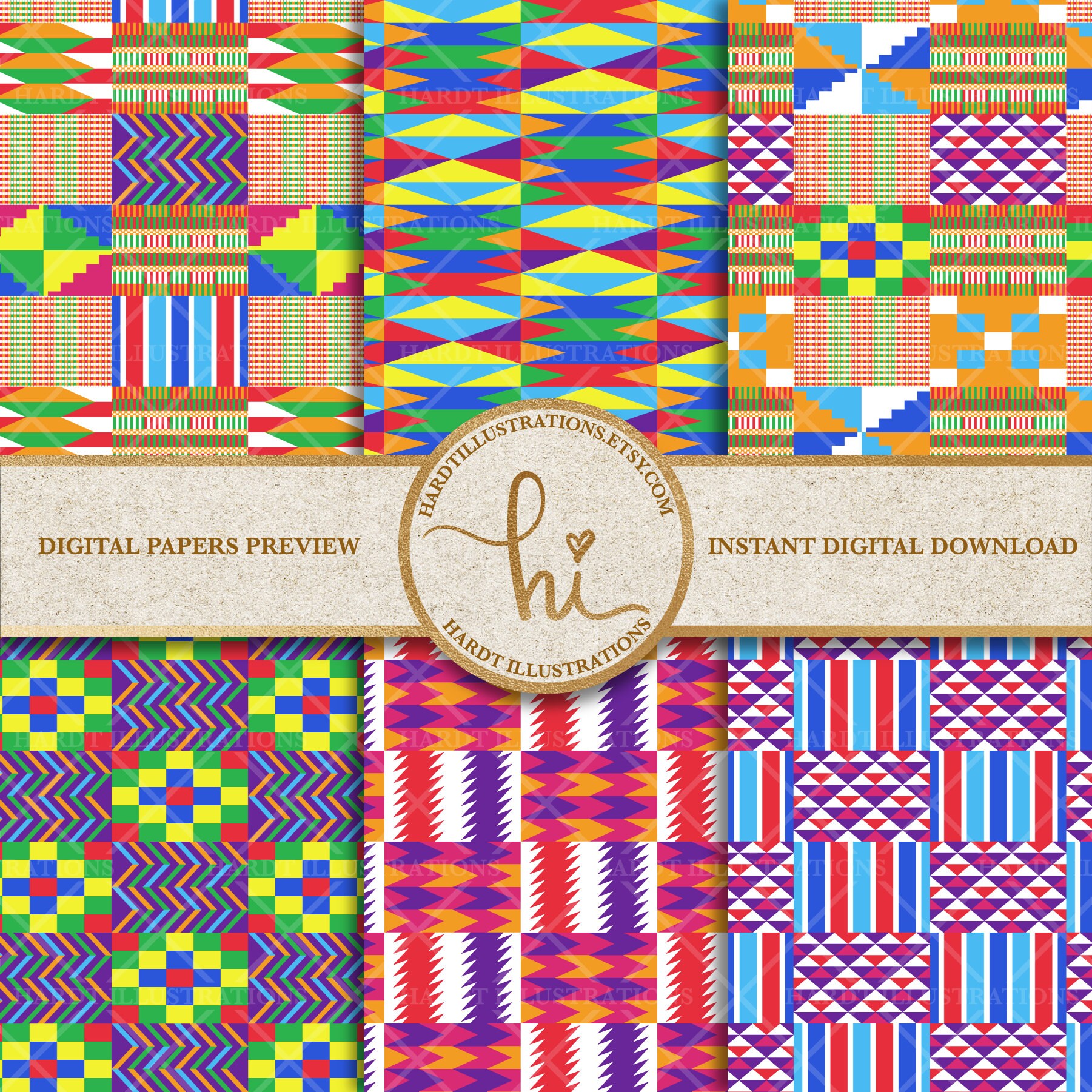 Africa Bright Colors African Kente Cloth Patterns | Digital Paper Pack |  Instant Download