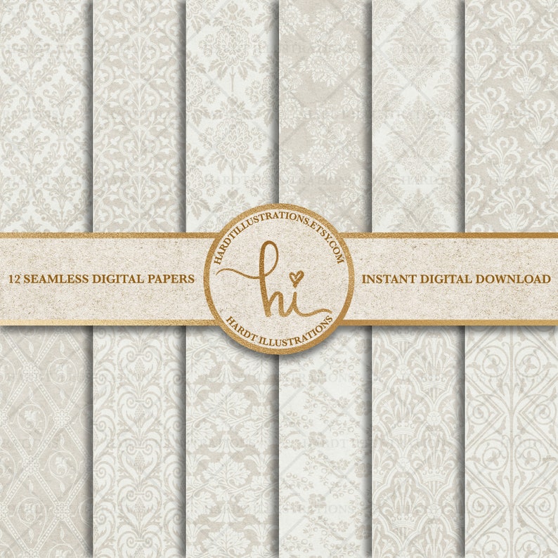 Ivory & Cream Damask Digital Paper Vintage Damask Background Etsy
