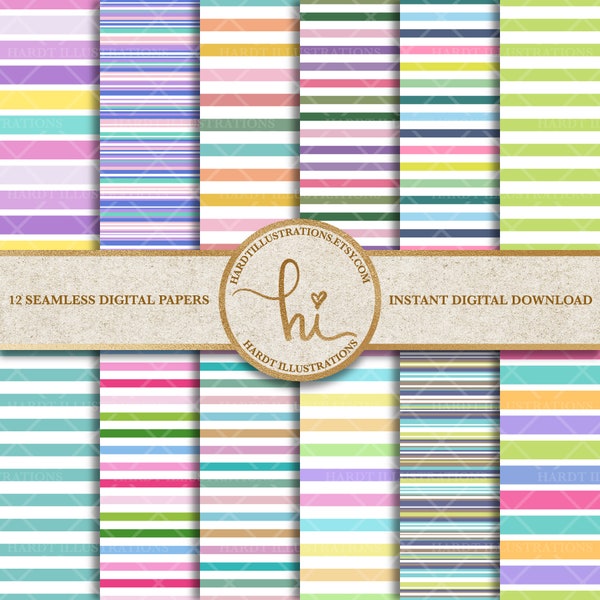 Spring Stripe Digital Paper, Rainbow Candy Stripes Design, Horizontal Stripes, Pastel Printable Paper, Multicolor Scrapbook Paper Pattern