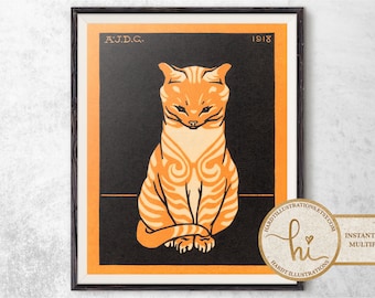 Sitting Cat by Julie de Graag, Vintage Dutch Art Print, Art Nouveau Cat Drawing, Rustic Animal Poster, PRINTABLE Wall Art, Digital Download