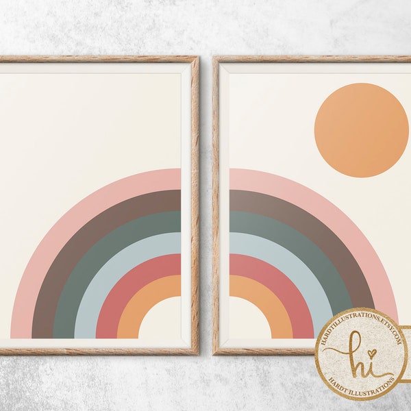 Mid Century Modern Rainbow Art Prints, Set of 2 PRINTABLE Wall Art, Minimalist Rainbow and Sun, Retro Scandinavian Nursery, Digital Download