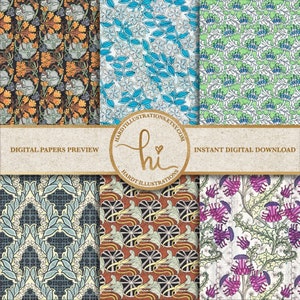 Art Nouveau Flowers Digital Paper Set 7, Plants Digital Paper, Vintage ...