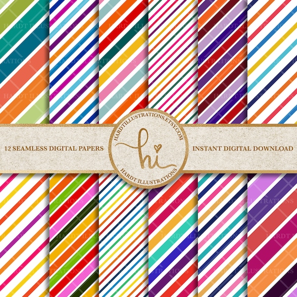 Summer Stripe Digital Paper, Bright Candy Stripes Design, Colorful Diagonal Stripes, Rainbow Striped Scrapbook Paper, Printable Line Pattern