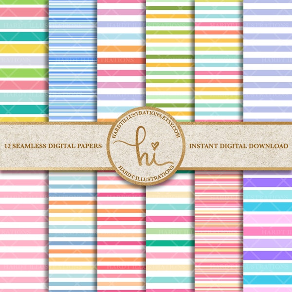 Pastel Stripe Digital Paper, Rainbow Candy Stripes Design, Horizontal Stripes, Pink Printable Paper, Cute Multicolor Scrapbook Paper Pattern