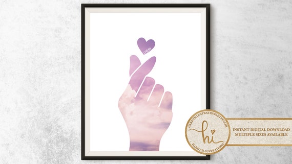 Dreamy Clouds Korean Finger Heart Art Print Kpop Heart Art Etsy